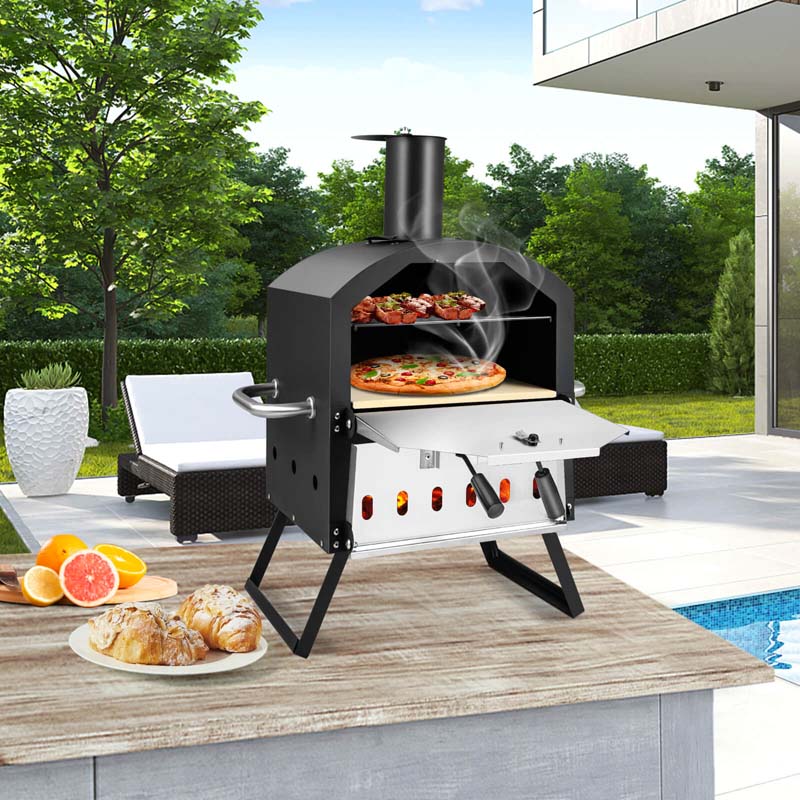 2-Layer Wood Fired Pizza Oven, Outdoor Portable Grill Pizza Maker with 12" Pizza Stone, Waterproof Cover & Folding Legs for Camping, Backyard BBQ