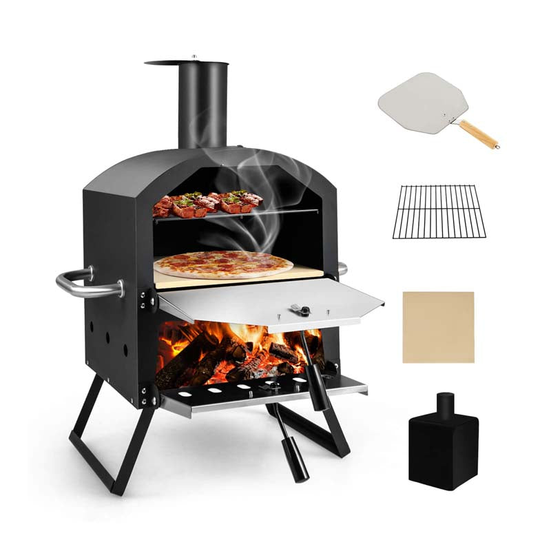 2-Layer Outdoor Pizza Oven Wood Fired for Camping BBQ, Stainless Steel Portable Grill Pizza Maker with Folding Legs