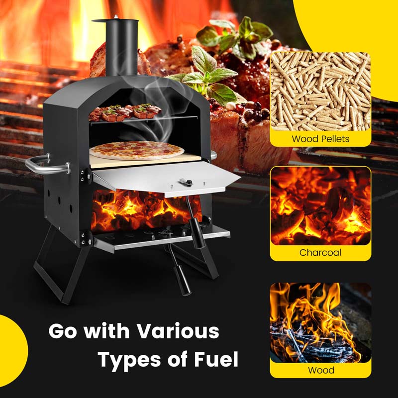 2-Layer Wood Fired Pizza Oven, Outdoor Portable Grill Pizza Maker with 12" Pizza Stone, Waterproof Cover & Folding Legs for Camping, Backyard BBQ