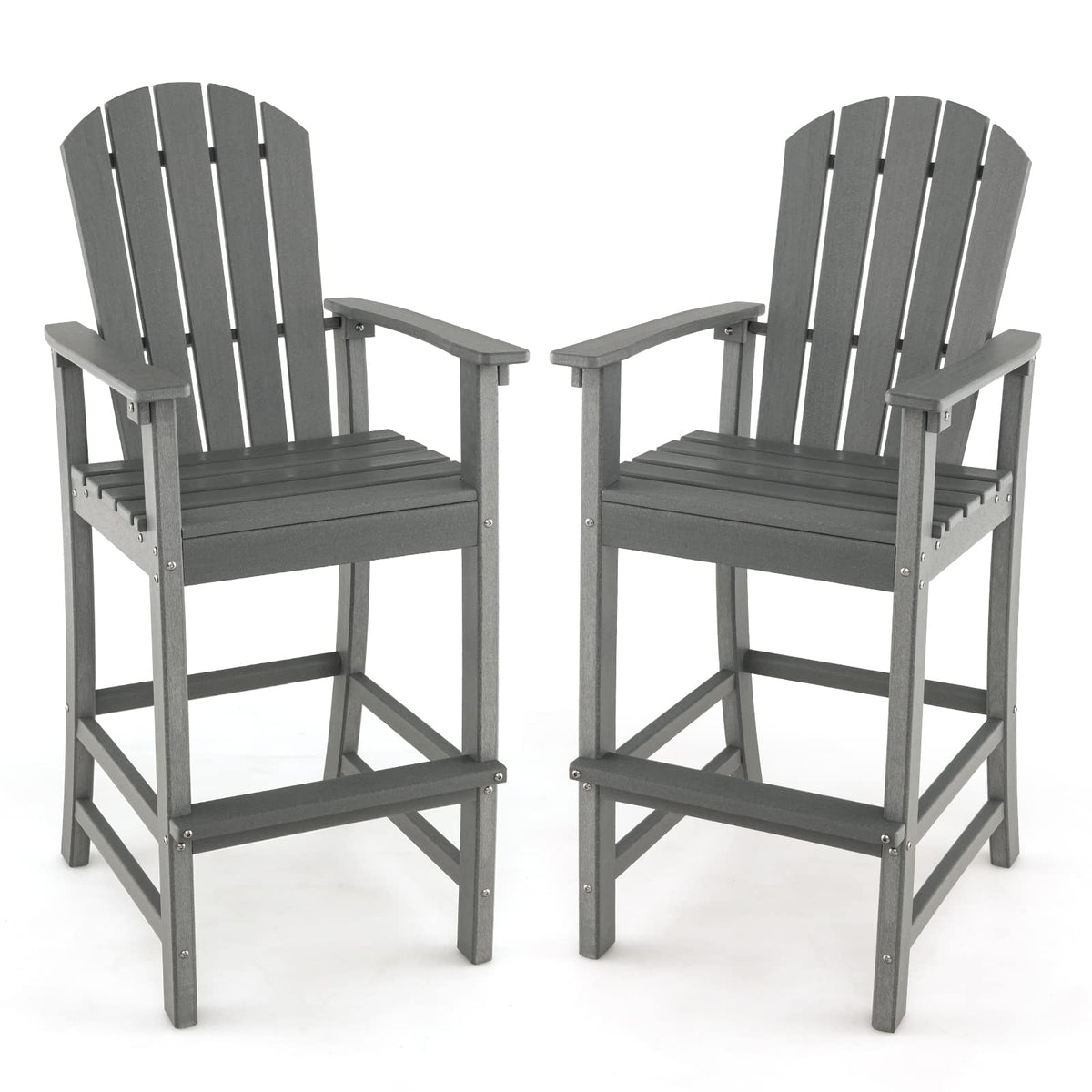 30" Tall Adirondack Bar Chairs, All-Weather HDPE Outdoor Bar Height Stools with Backrest, Armrests & Footrest for Backyard, Poolside