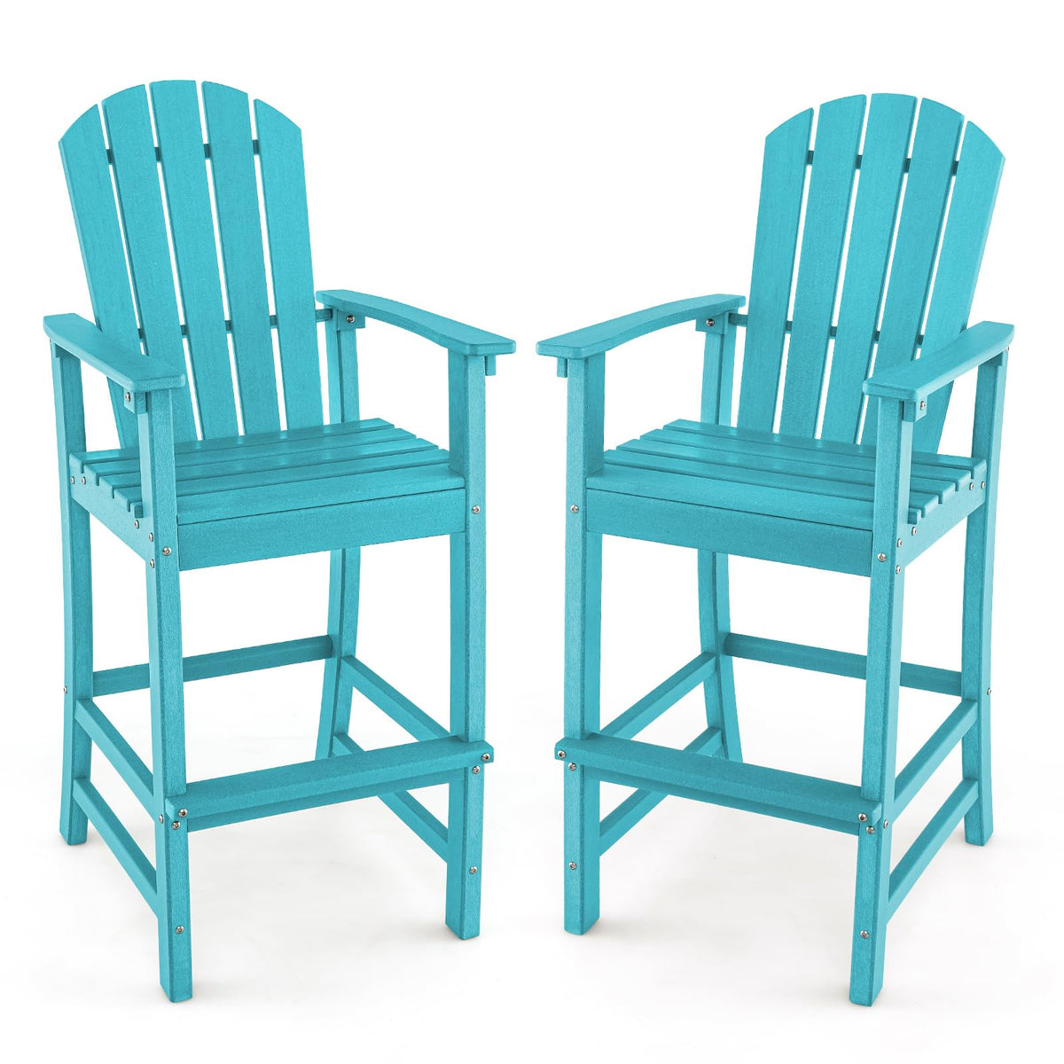 30" Tall Adirondack Bar Chairs, All-Weather HDPE Outdoor Bar Height Stools with Backrest, Armrests & Footrest for Backyard, Poolside