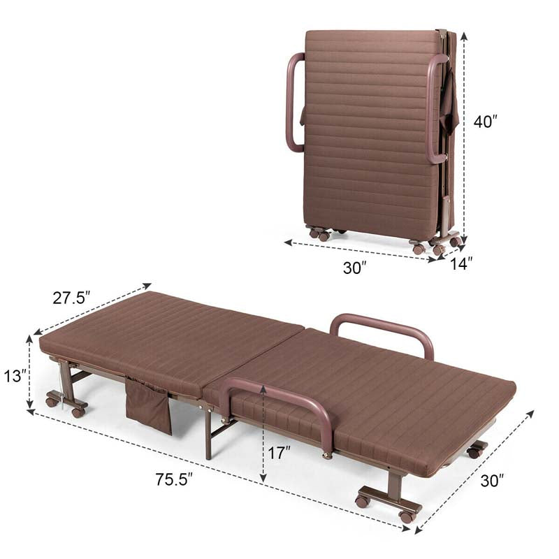 Folding Rollaway Bed with Mattress & Wheels for Adults, Portable Foldable Guest Bed with Adjustable 6 Position & Side Storage Pocket