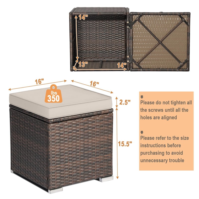 2PCS Wicker Outdoor Storage Ottomans with Removable Cushions, Multipurpose PE Rattan Footrest Side Table Seating for Patio Poolside Backyard