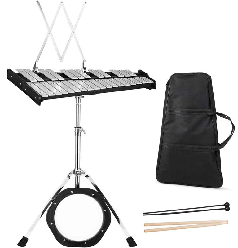 30 Notes Percussion Glockenspiel Bell Kit, Adjustable Height Xylophone with Practice Pad Mallets Sticks Stand Carrying Bag