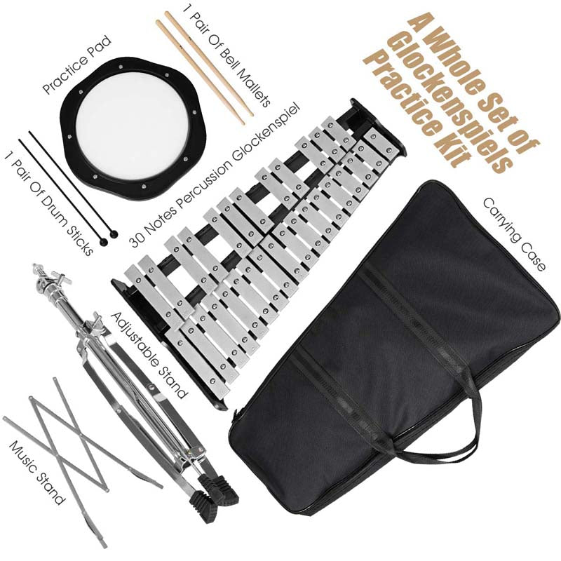 30 Note Percussion Glockenspiel Bell Kit, Adjustable Height Xylophone with Practice Pad Mallets Sticks Stand Carrying Bag