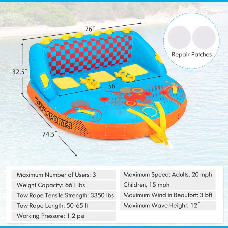 3-Rider Towable Tube for Boating, Sofa Style Inflatable Towable Boat Tube with Dual Tow Points, EVA Seat Pads & Nylon Cover for Water Sports to Pull