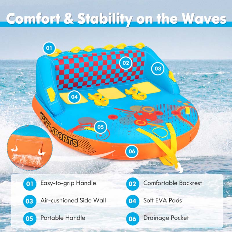 3-Rider Towable Tube for Boating, Sofa Style Inflatable Towable Boat Tube with Dual Tow Points, EVA Seat Pads & Nylon Cover for Water Sports to Pull