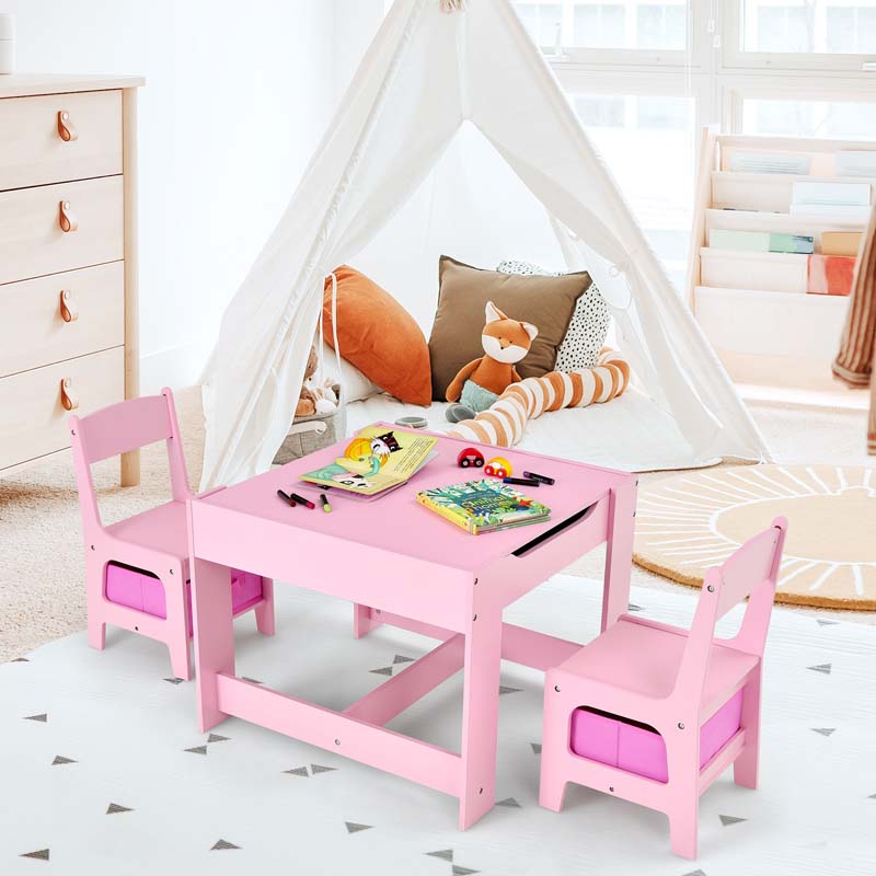 Kids Table & Chairs Set, 3-in-1 Wooden Toddler Activity Table with Storage, Reversible Tabletop & Blackboard for Art Craft, Drawing, Playroom