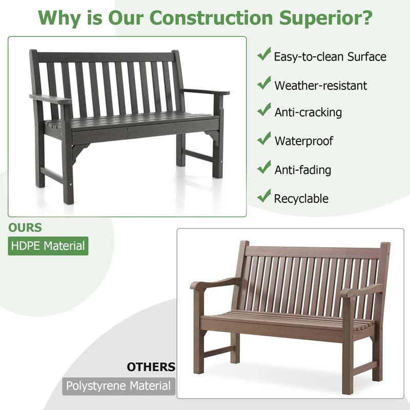 50" HDPE All-Weather Outdoor Patio Bench 2-Person Garden Park Bench Porch Loveseat Chair with Backrest & Armrests