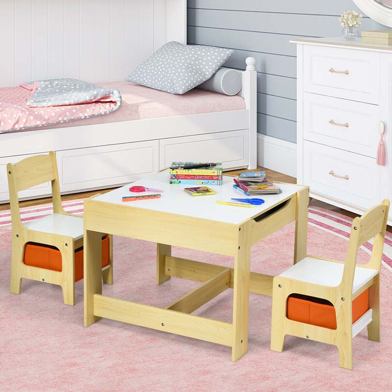 3-in-1 Kids Wood Table Chairs Set with Blackboard & Storage Drawers, Children Multi Activity Table for Learning Playing Drawing