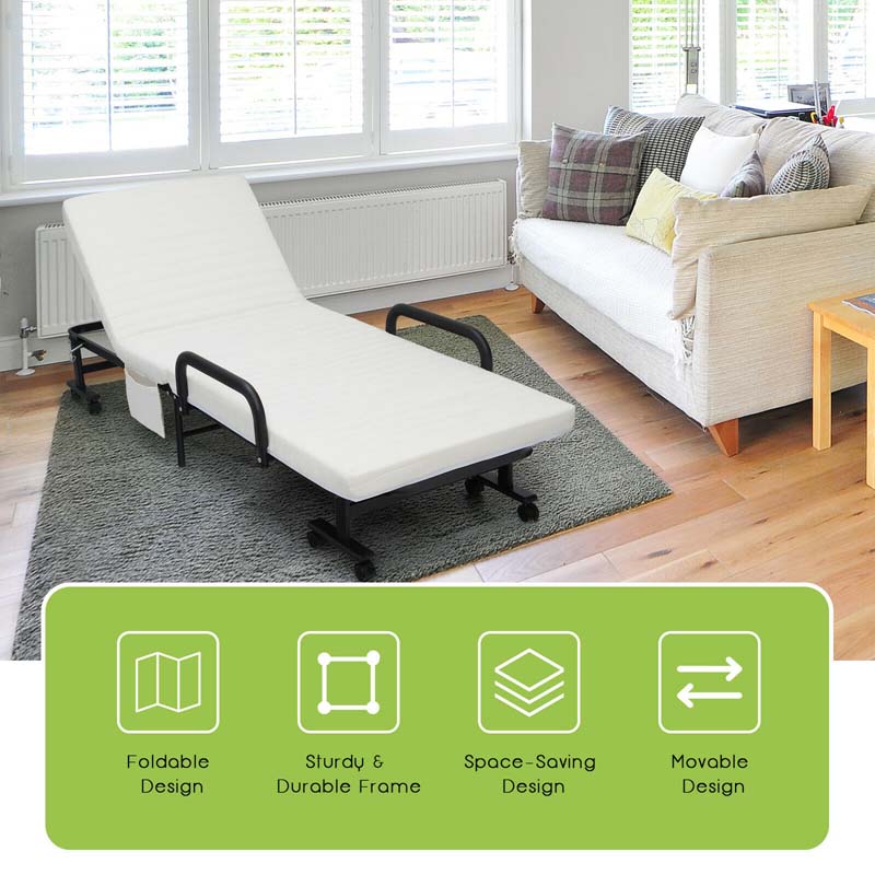 Folding Rollaway Bed with Mattress & Wheels for Adults, Portable Foldable Guest Bed with Adjustable 6 Position & Side Storage Pocket