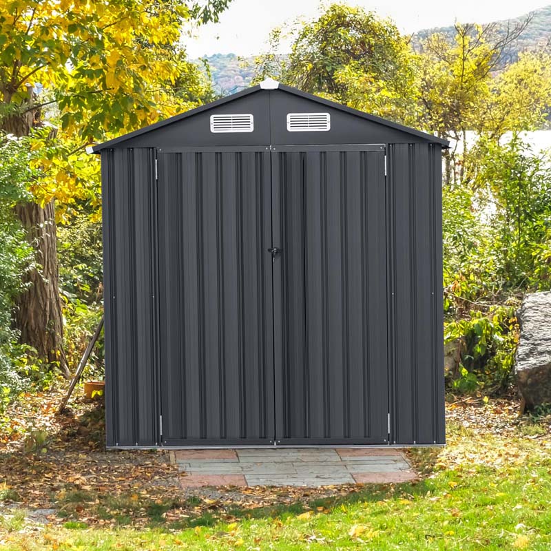 6.3 x 3.5 FT Outdoor Storage Shed Metal Garden Sheds Galvanized Tool Storage House with 4 Vents, Base Floor, Lockable Doors