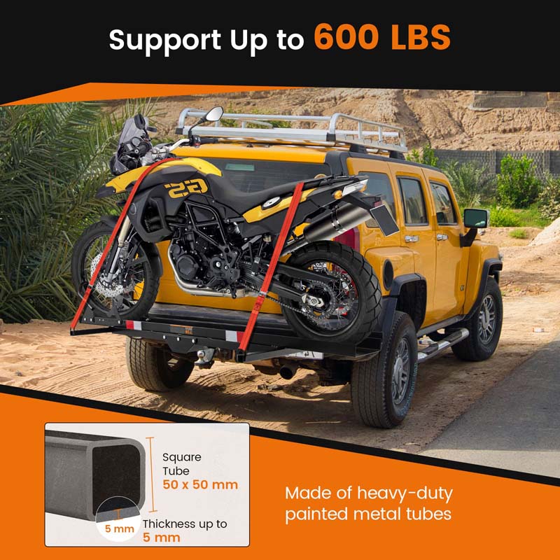 600 LBS Motorcycle Carrier for Car Truck SUV RV, Heavy Duty Steel Hitch Mount Dirt Bike Rack with Loading Ramp, Wheel Chock & 2 Straps