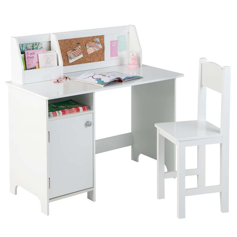 Wooden Kids Study Table and Chair Set with Cork Bulletin Board, Student Computer Workstation Writing Table for Bedroom