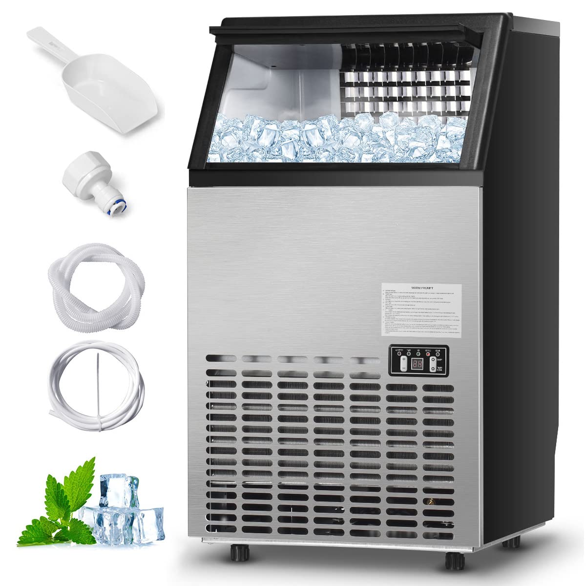 110LBS/24H Commercial Ice Maker with 33LBS Storage Capacity, Free-Standing Ice Machine