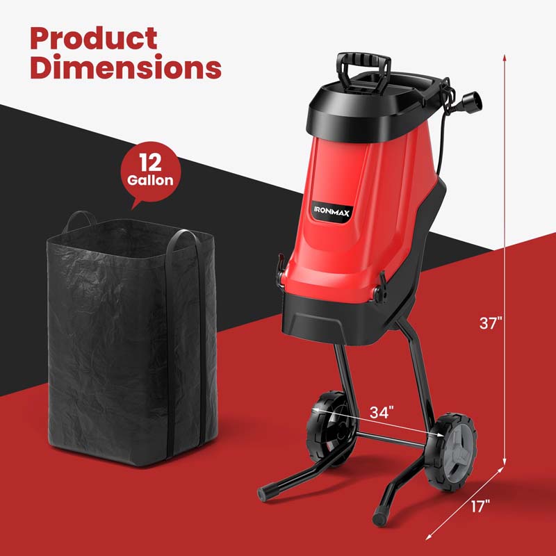 15-Amp Electric Wood Chipper and Shredder, Corded Leaf Mulcher with 15:1 Reduction, Safety Lock, 1.77" Cutting Diameter, Collection Bag & Wheels