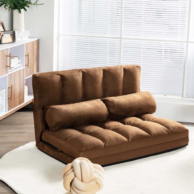 6-Position Adjustable Floor Sofa Bed, Foldable Lazy Sleeper with 2 Pillows & Suede Cover, Convertible Futon Couch Bed for Living Room & Gaming