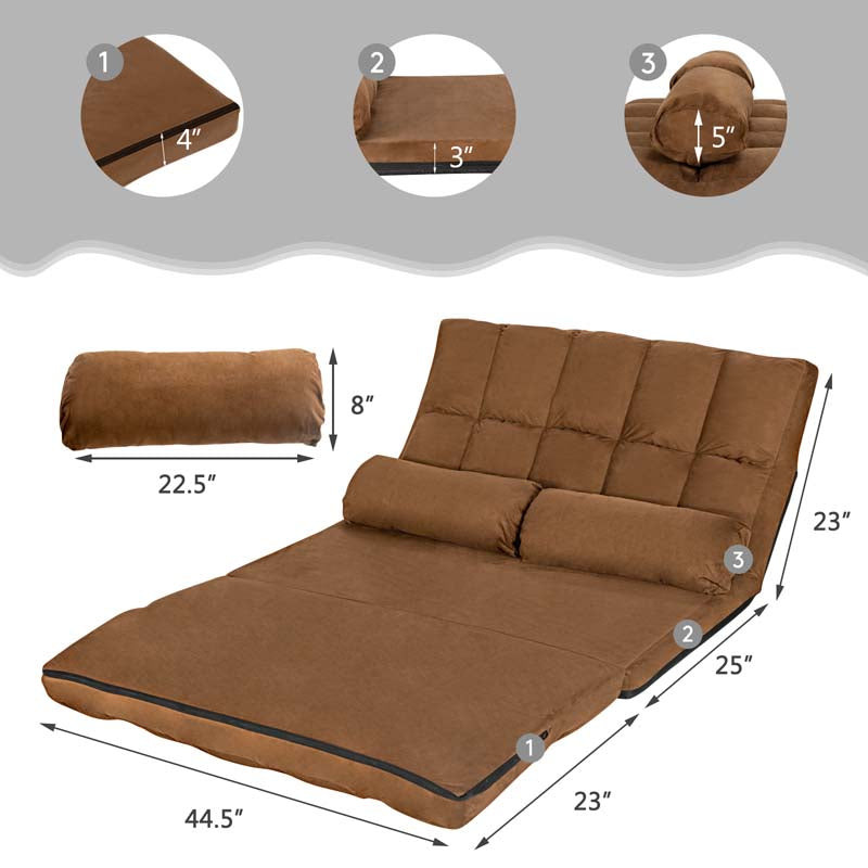 6-Position Adjustable Floor Sofa Bed, Foldable Lazy Sleeper with 2 Pillows & Suede Cover, Convertible Futon Couch Bed for Living Room & Gaming