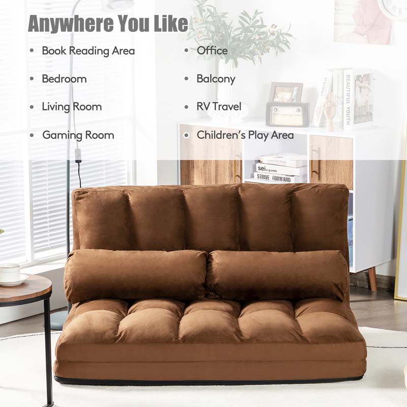 6-Position Adjustable Floor Sofa Bed, Foldable Lazy Sleeper with 2 Pillows & Suede Cover, Convertible Futon Couch Bed for Living Room & Gaming