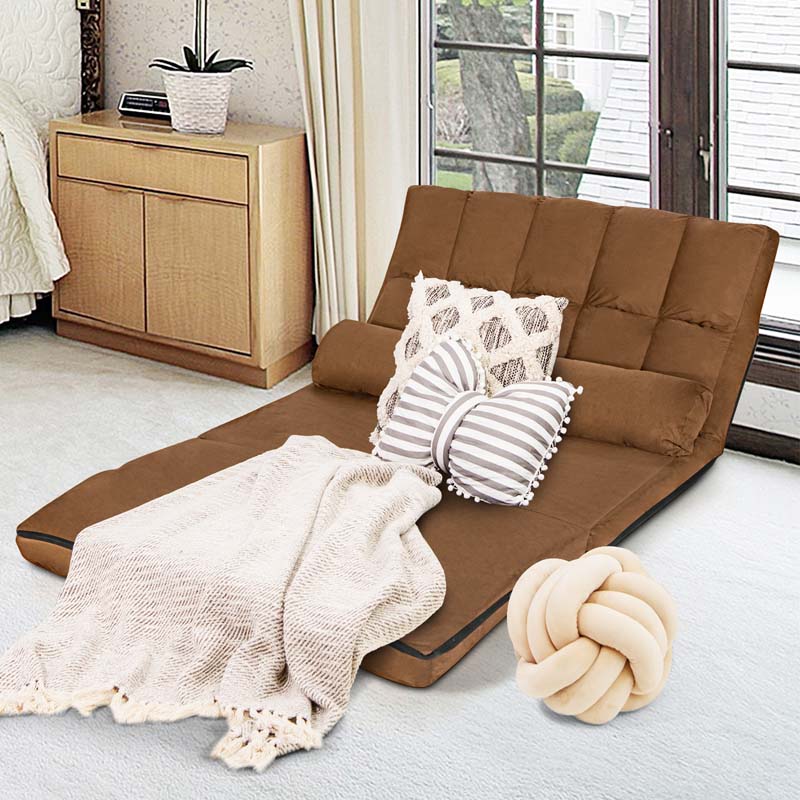 6-Position Adjustable Floor Sofa Bed, Foldable Lazy Sleeper with 2 Pillows & Suede Cover, Convertible Futon Couch Bed for Living Room & Gaming