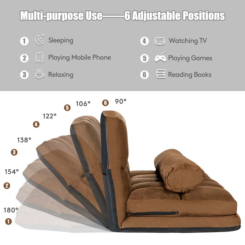 6-Position Adjustable Floor Sofa Bed, Foldable Lazy Sleeper with 2 Pillows & Suede Cover, Convertible Futon Couch Bed for Living Room & Gaming