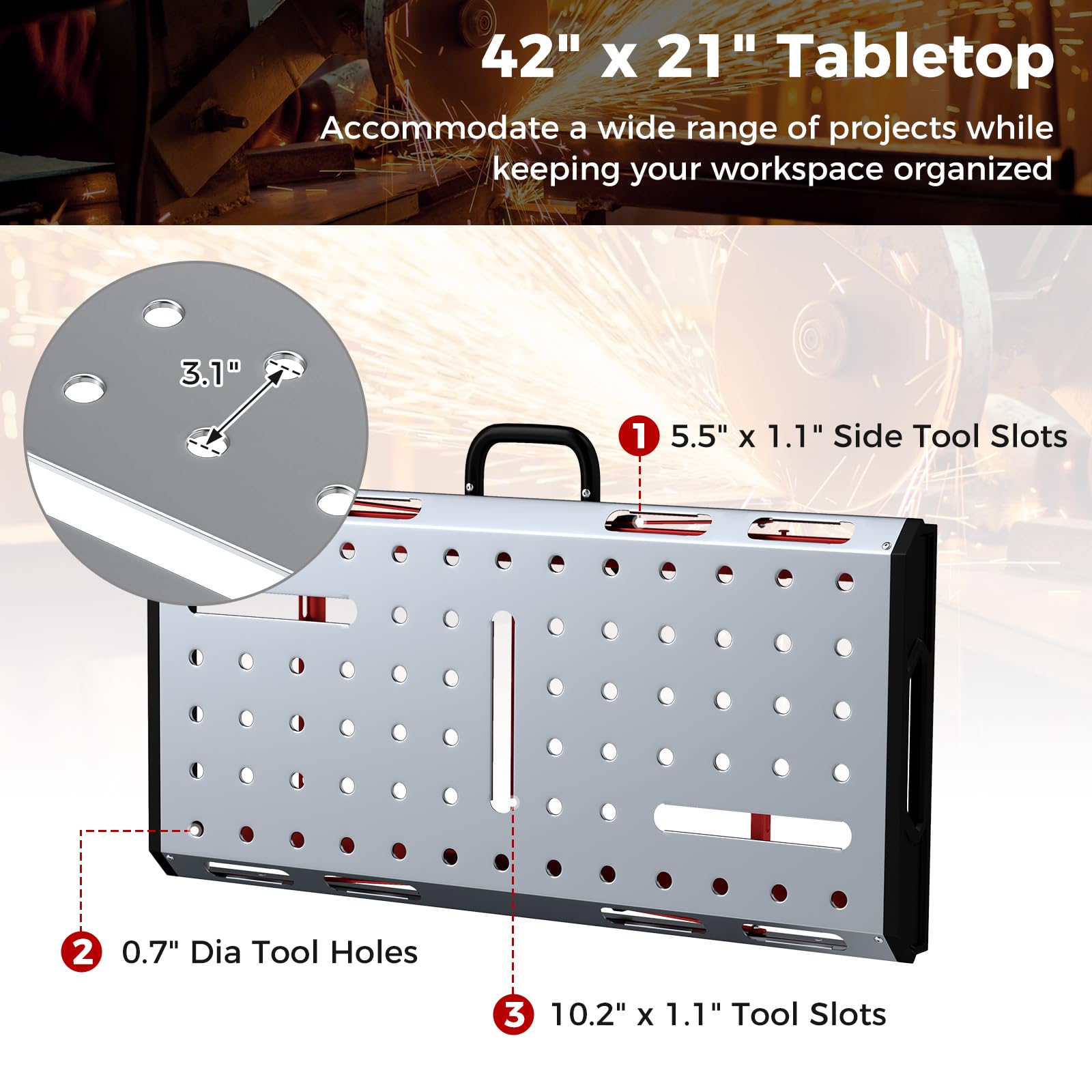 42" x 21" Portable Folding Welding Table, 1000 LBS Capacity Height Adjustable Weld Workbench with 2 Bar Clamps, 8 Tool Slots, Carrying Handle