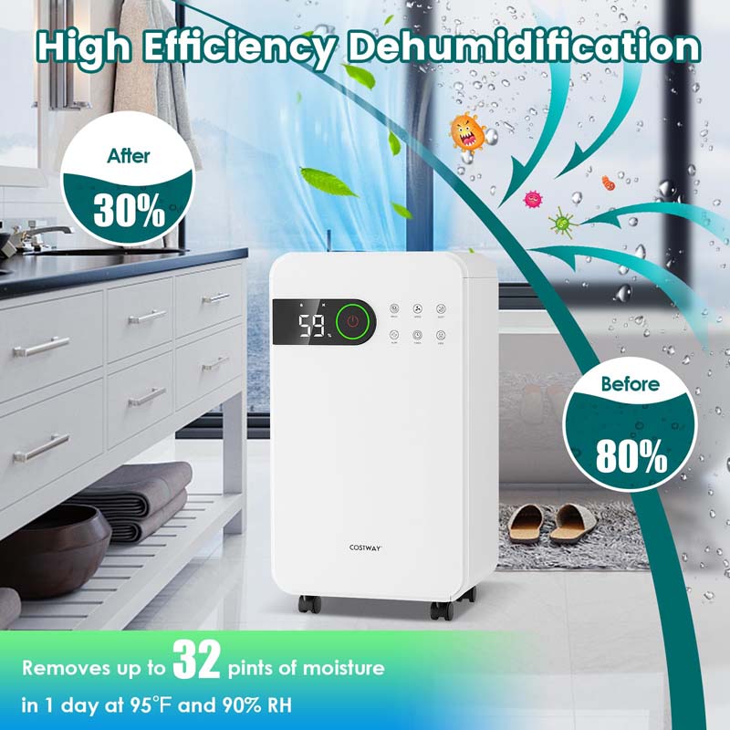 32 Pint Dehumidifier for Home & Basement, 2500 Sq.Ft Dehumidifier with Auto Drain, Sleep Mode, 24H Timer, 4 Wheels & Child Safety Lock