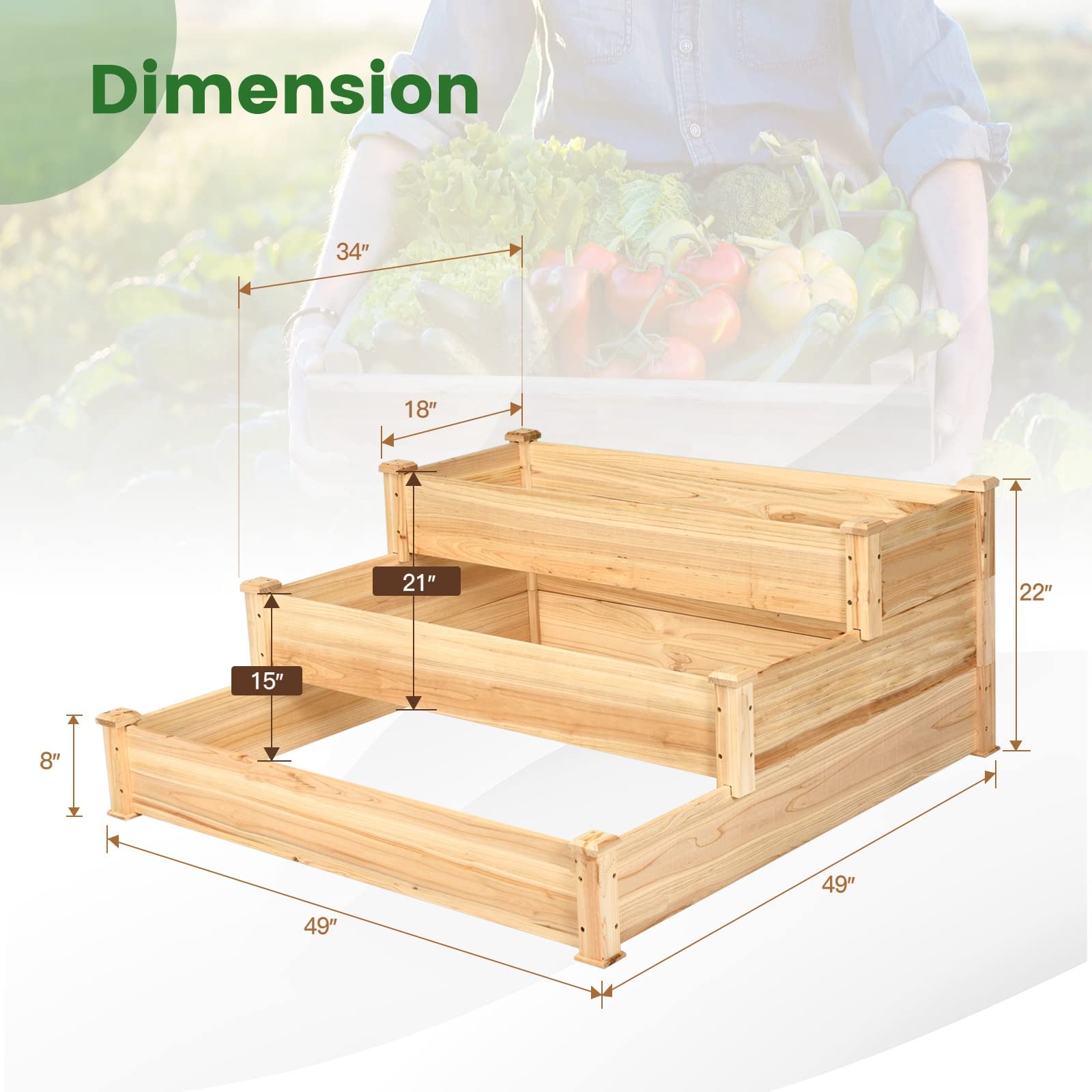 3-Tier Raised Garden Bed, 49" x 49" x 22" Fir Wood Elevated Planter Box for Growing Vegetable/Flower/Herb, Plant Display Container Rack