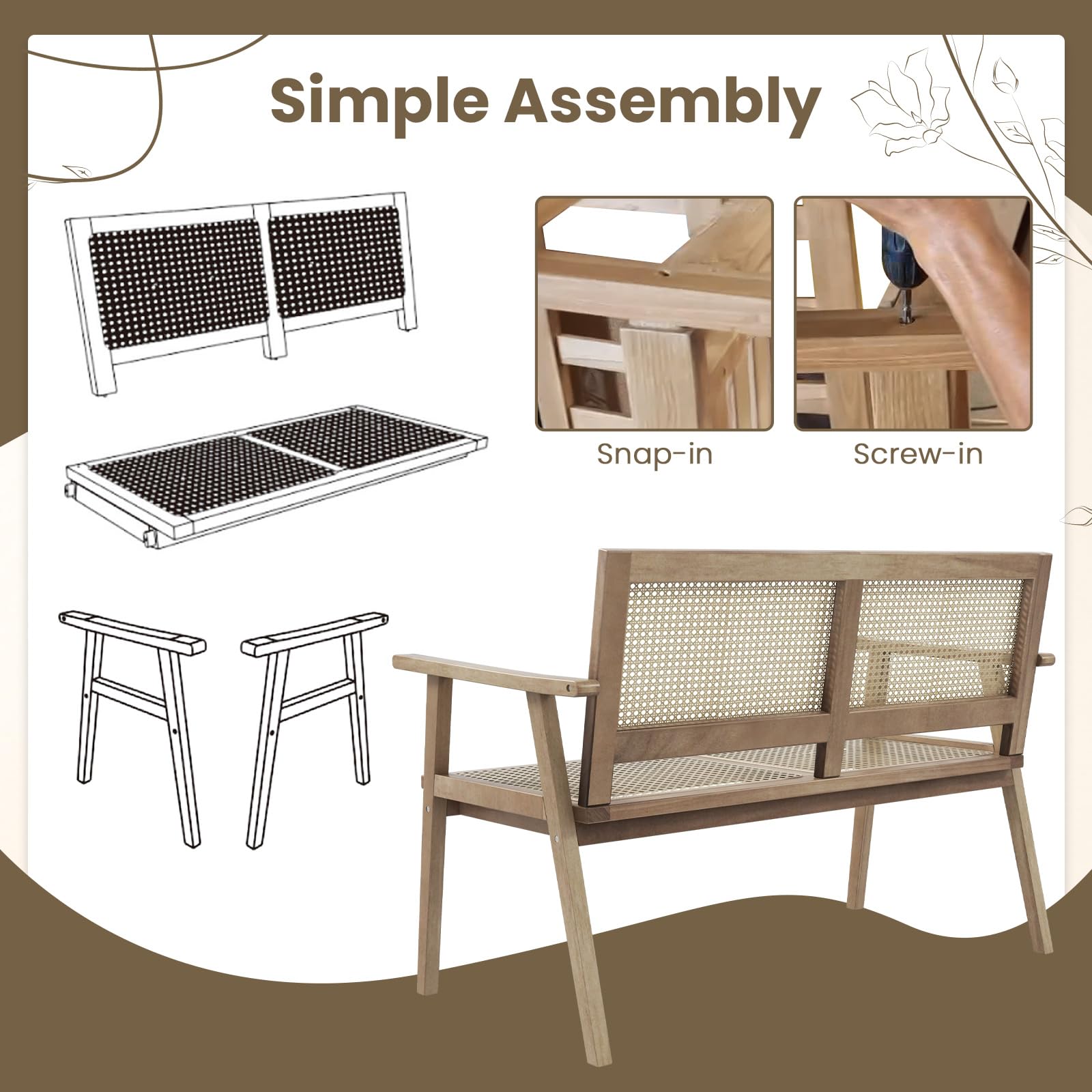 47"W Outdoor Rattan Teak Wood 2-Person Patio Garden Bench with Armrests Backrest