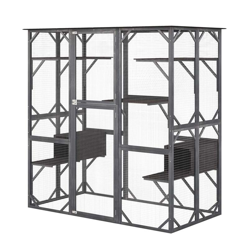 71" Tall Large Cat House Outdoor Catio Kitty Enclosure, Walk-in Cat Kennel Condo, Wooden Cat Cage Playpen with 7 Platforms