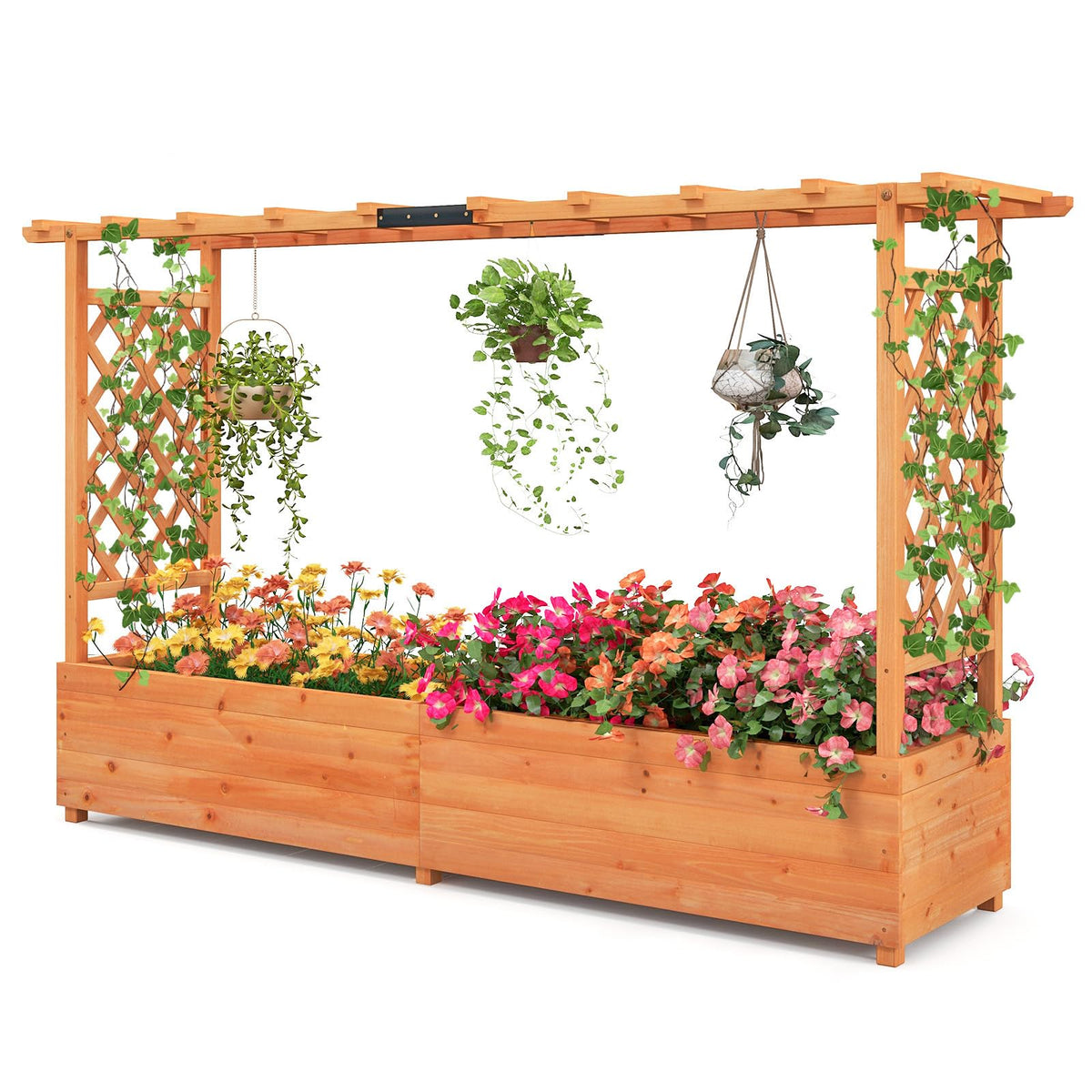 Raised Garden Bed with Trellis & Hanging Roof, Freestanding Planter Box for Flower Climbing Plant Herb, 79"L x 17.5"W x 45"H