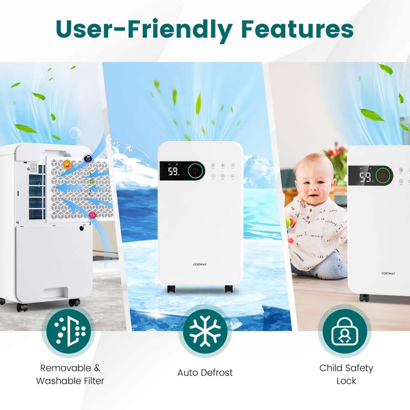 32 Pint Dehumidifier for Home & Basement, 2500 Sq.Ft Dehumidifier with Auto Drain, Sleep Mode, 24H Timer, 4 Wheels & Child Safety Lock