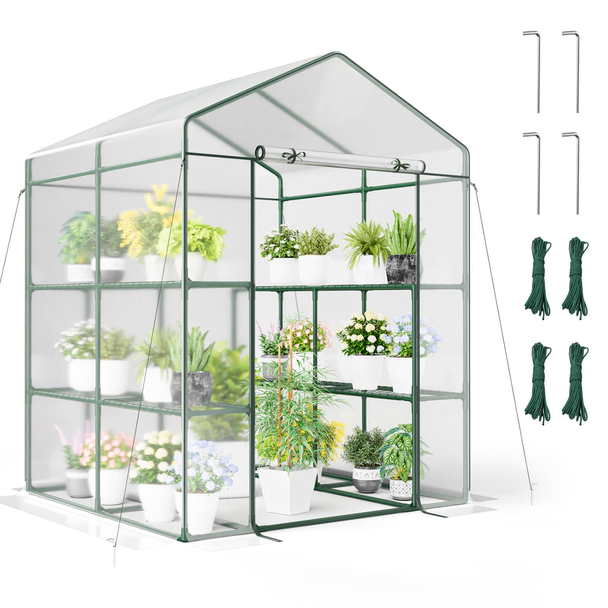 4.6x4.7x6.5FT Portable Mini Walk in Greenhouse with 3 Tiers 8 Shelves, Roll-Up Zippered Door & Heavy-Duty Metal Frame for Outdoor/Indoor Garden Yard