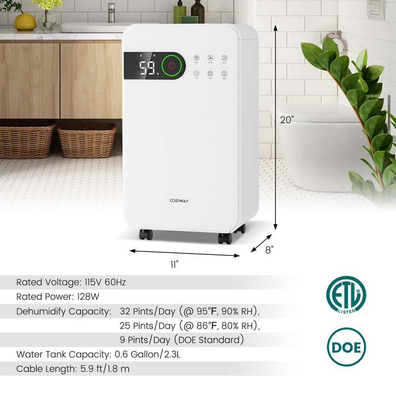 32 Pint Dehumidifier for Home & Basement, 2500 Sq.Ft Dehumidifier with Auto Drain, Sleep Mode, 24H Timer, 4 Wheels & Child Safety Lock