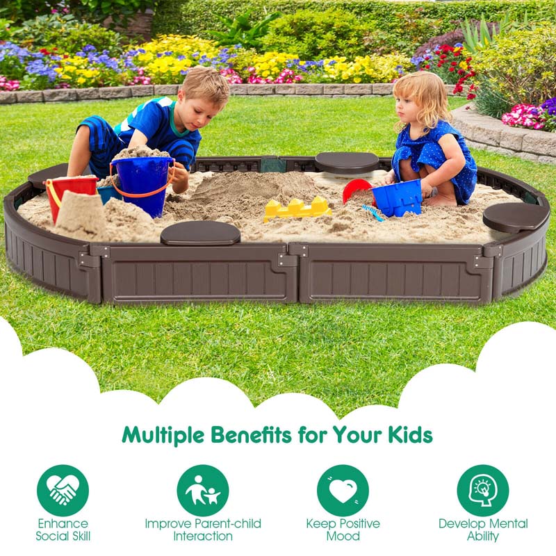 6FT Oval Outdoor Sandbox with Cover, Built-in Corner Seat & Bottom Liner, All Weather Kids Sand Play Station for Backyard Beach