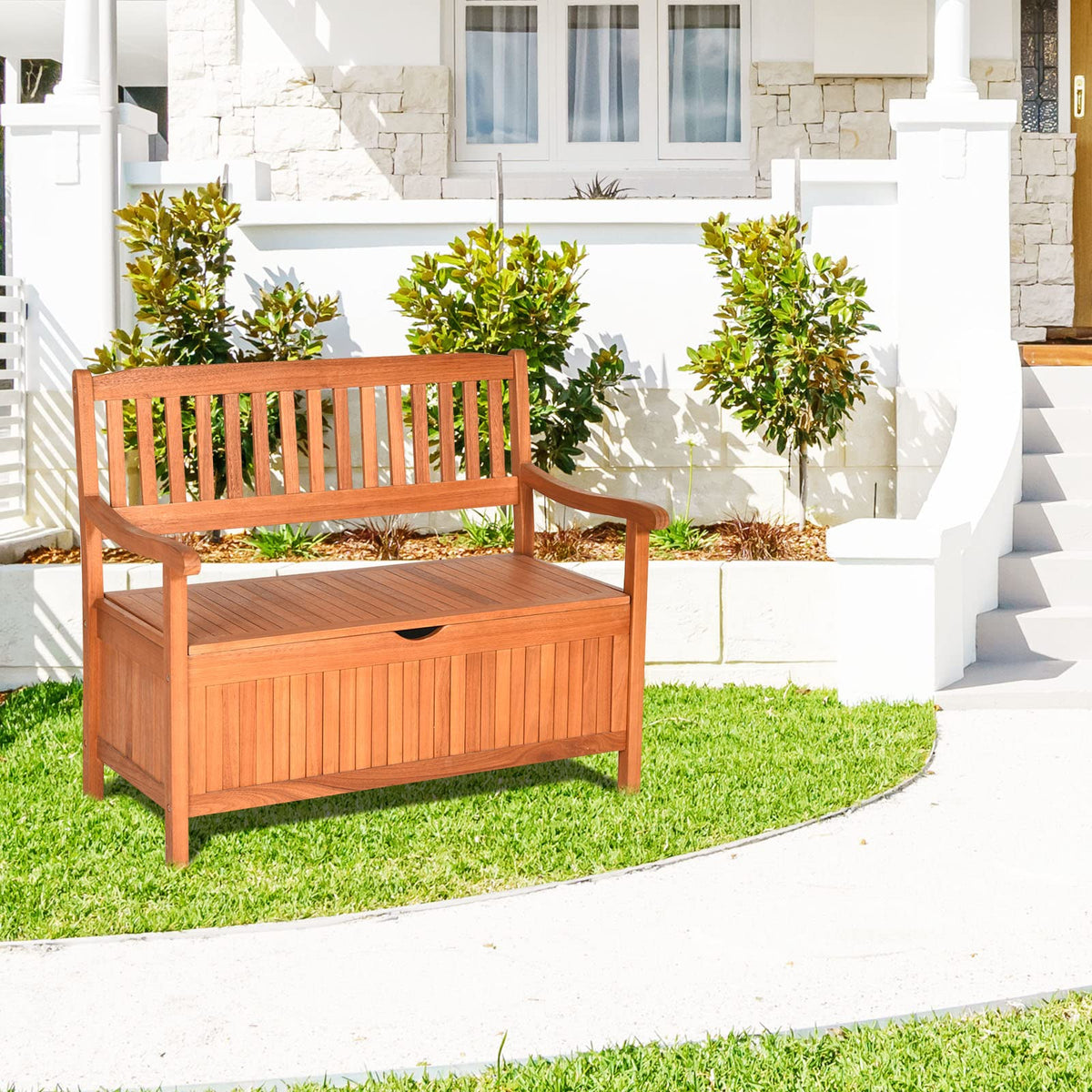 42" Wooden Patio Storage Bench Large Deck Box 33 Gallon Capacity, Outdoor Entryway Storage Bench w/Waterproof Inner Bag