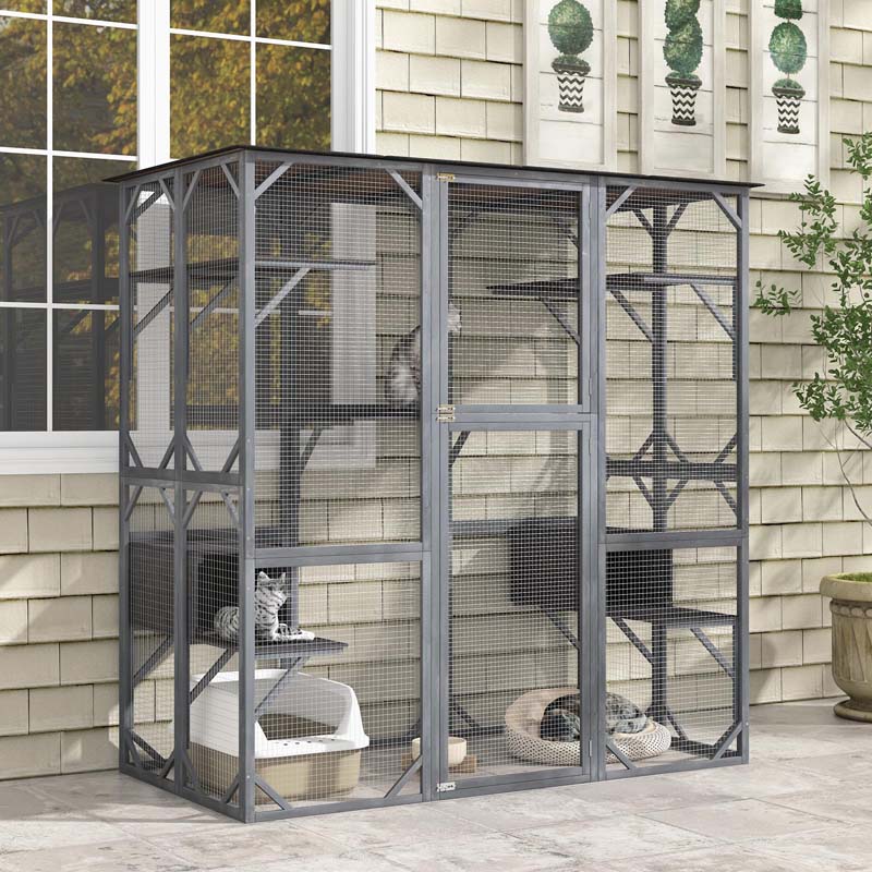 71" Tall Large Cat House Outdoor Catio Kitty Enclosure, Walk-in Cat Kennel Condo, Wooden Cat Cage Playpen with 7 Platforms