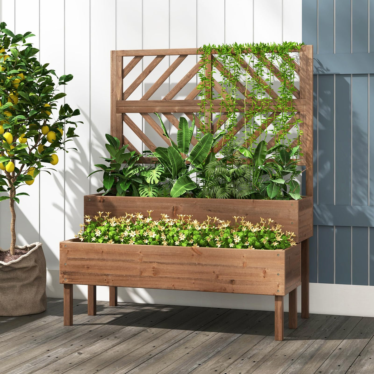 2-Tier Raised Garden Bed with Trellis, 53" Freestanding Elevated Wood Planter Box with Legs & Drainage Holes for Climbing Plants, Flowers