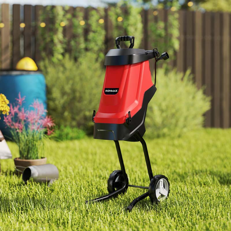 15-Amp Electric Wood Chipper and Shredder, Corded Leaf Mulcher with 15:1 Reduction, Safety Lock, 1.77" Cutting Diameter, Collection Bag & Wheels