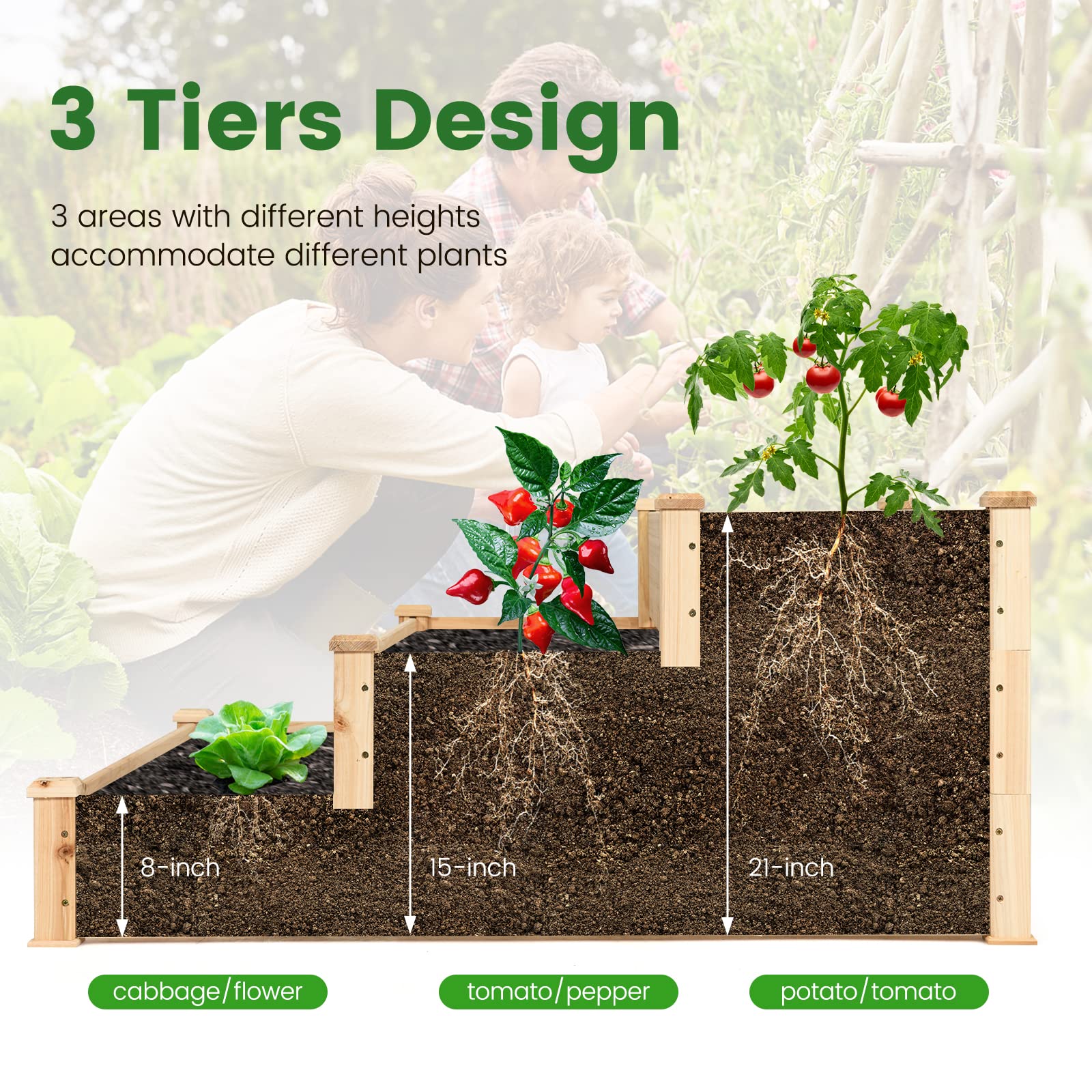3-Tier Raised Garden Bed, 49" x 49" x 22" Fir Wood Elevated Planter Box for Growing Vegetable/Flower/Herb, Plant Display Container Rack