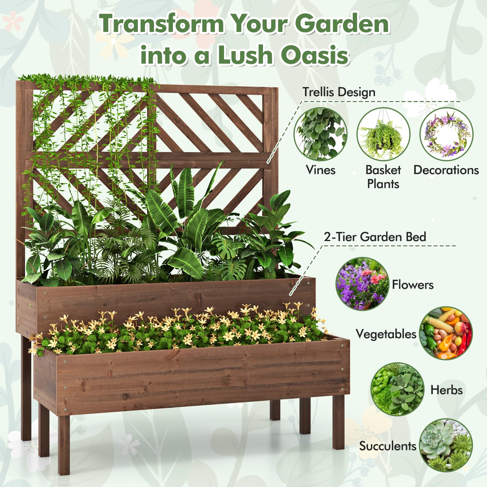 2-Tier Wooden Raised Garden Bed with Trellis, 2 Planter Boxes, Drainage Holes, Outdoor Elevated Planter Box for Flowers Herbs Vegetables Fruits