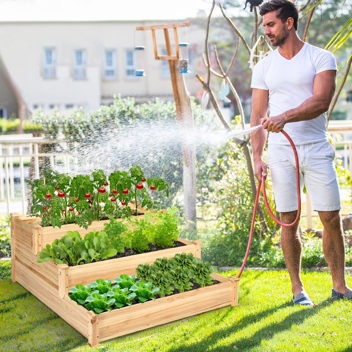 3-Tier Raised Garden Bed, 49" x 49" x 22" Fir Wood Elevated Planter Box for Growing Vegetable/Flower/Herb, Plant Display Container Rack