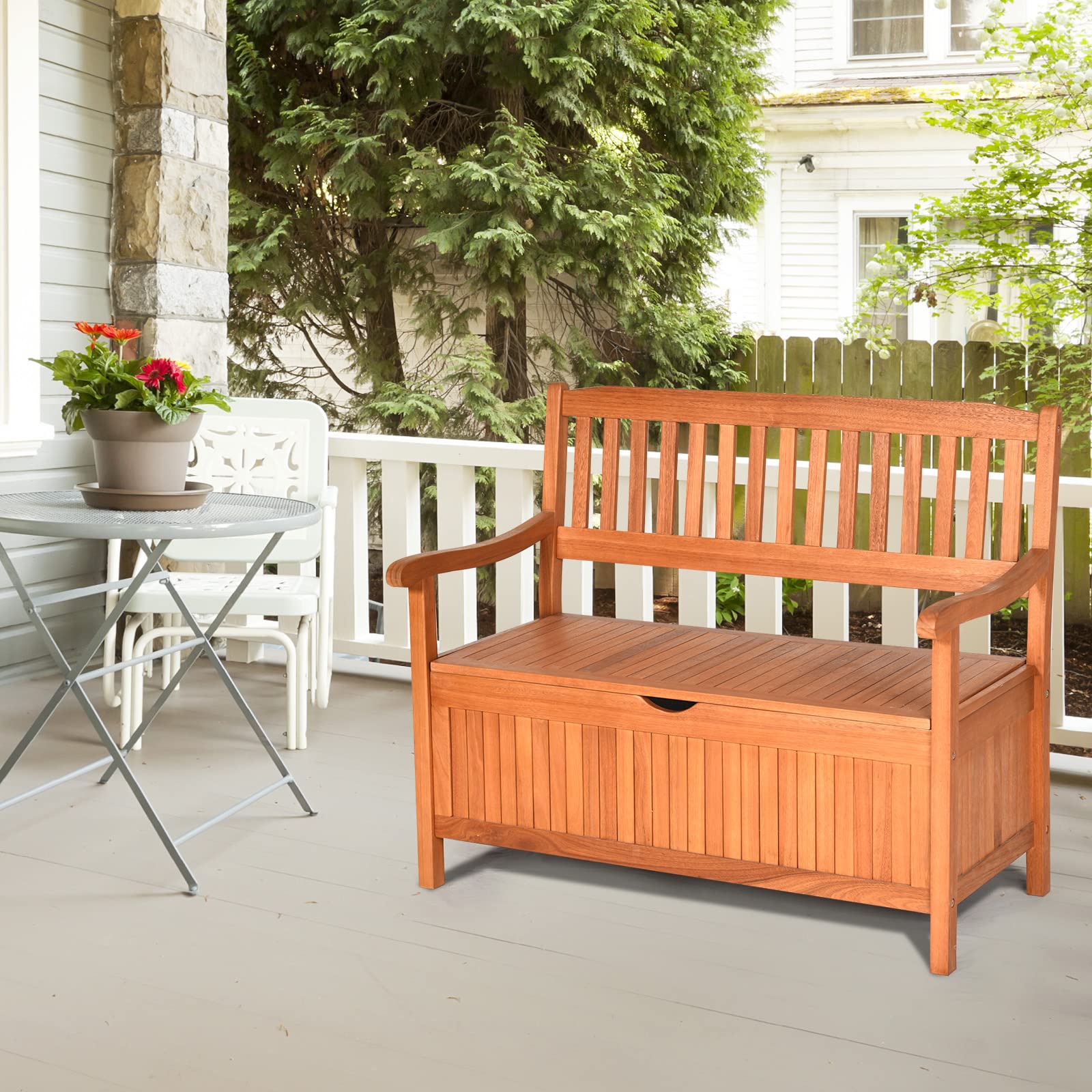 42" Wooden Patio Storage Bench Large Deck Box 33 Gallon Capacity, Outdoor Entryway Storage Bench w/Waterproof Inner Bag