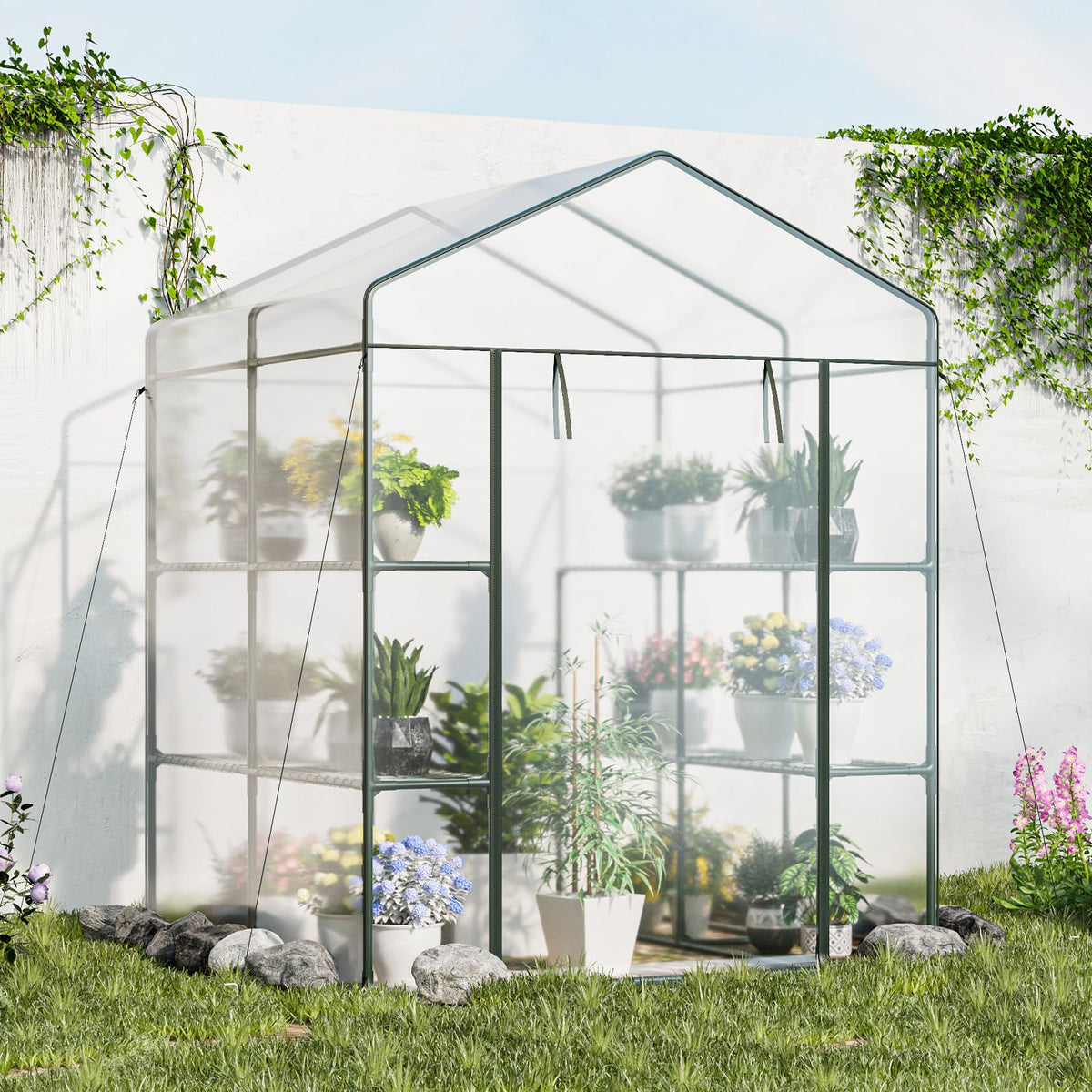 4.6x4.7x6.5FT Portable Mini Walk in Greenhouse with 3 Tiers 8 Shelves, Roll-Up Zippered Door & Heavy-Duty Metal Frame for Outdoor/Indoor Garden Yard