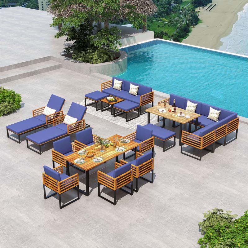 8 Piece Acacia Wood Patio Dining Set with Soft Padded Cushions, Heavy Duty L Shaped Sectional Sofa Set for Backyard Poolside Deck