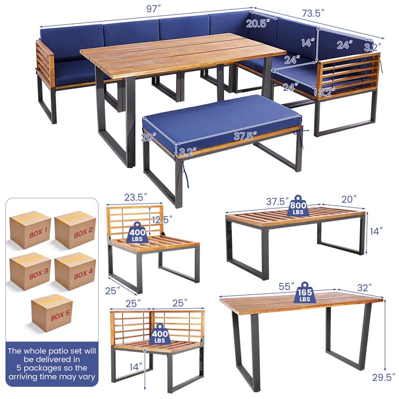 8 Piece Acacia Wood Patio Dining Set with Soft Padded Cushions, Heavy Duty L Shaped Sectional Sofa Set for Backyard Poolside Deck