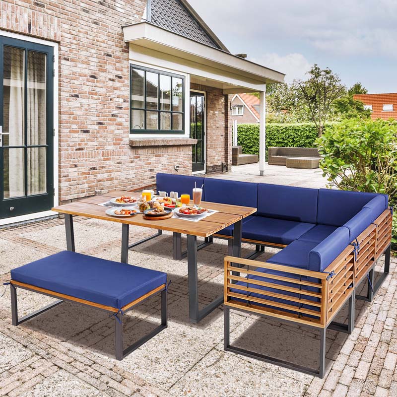8 Piece Acacia Wood Patio Dining Set with Soft Padded Cushions, Heavy Duty L Shaped Sectional Sofa Set for Backyard Poolside Deck