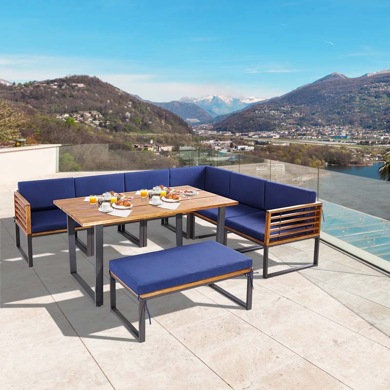 8 Piece Acacia Wood Patio Dining Set with Soft Padded Cushions, Heavy Duty L Shaped Sectional Sofa Set for Backyard Poolside Deck