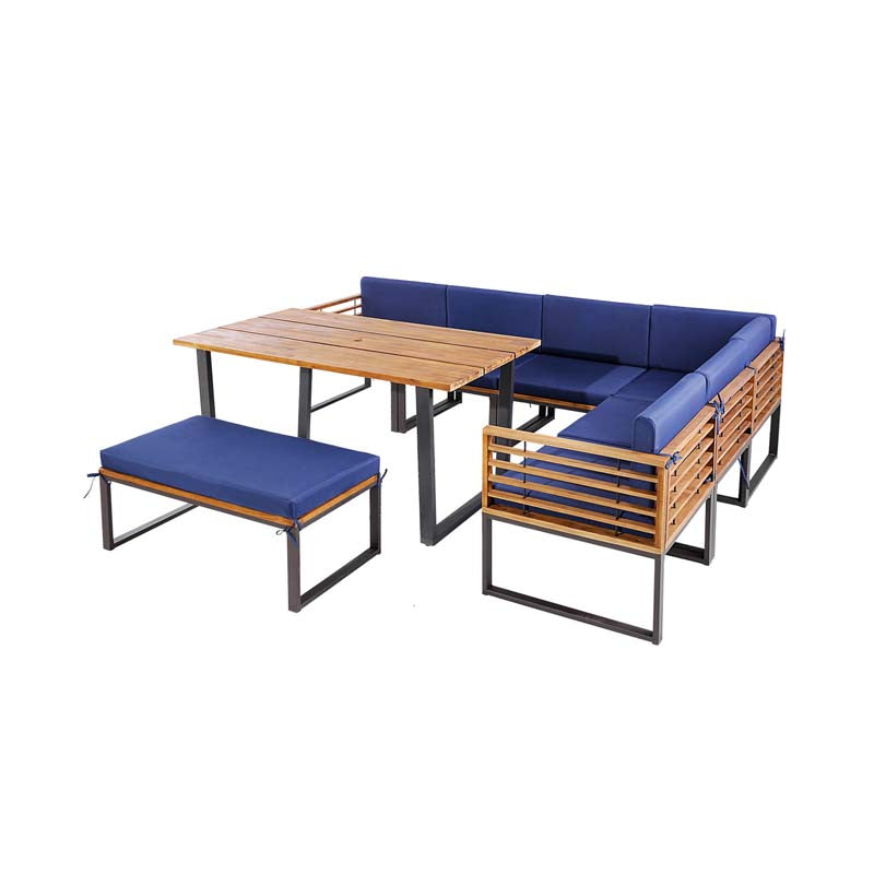 8 Piece Acacia Wood Patio Dining Set with Soft Padded Cushions, Heavy Duty L Shaped Sectional Sofa Set for Backyard Poolside Deck