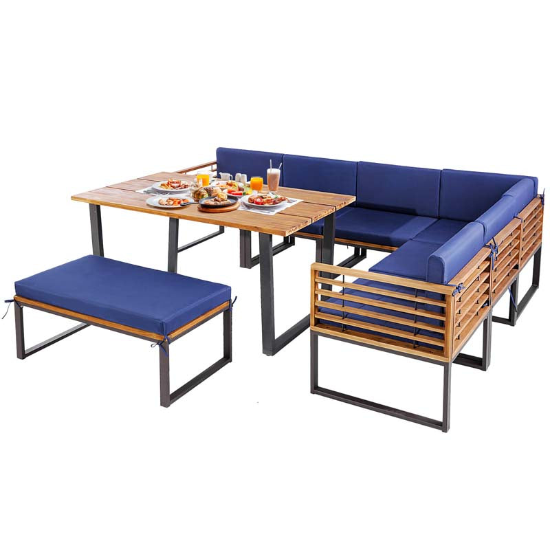 8 Piece Acacia Wood Patio Dining Set with Soft Padded Cushions, Heavy Duty L Shaped Sectional Sofa Set for Backyard Poolside Deck